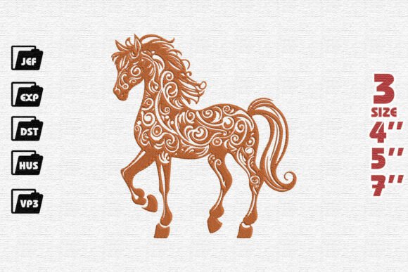 Ornate Copper Horse with Swirls Embroidery Design